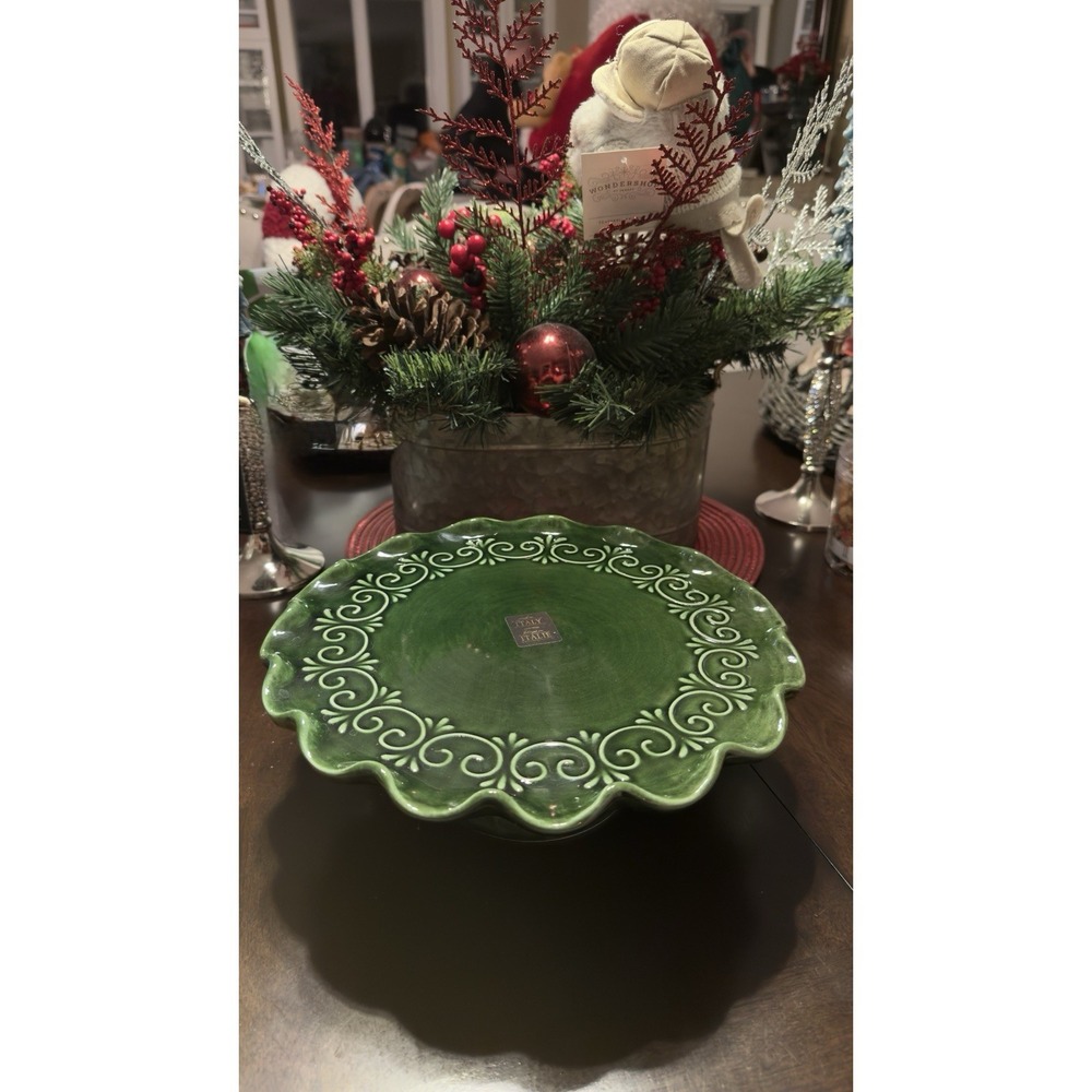 Maioliche‎ Jessica Cake Stand 11" Green Ceramic Made in Italy Scalloped Edge New